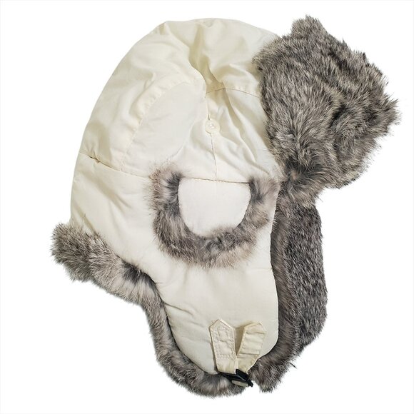 CROWN CAP Rabbit Fur Aviator Trapper Hat Large White Grey Unisex - Picture 2 of 10